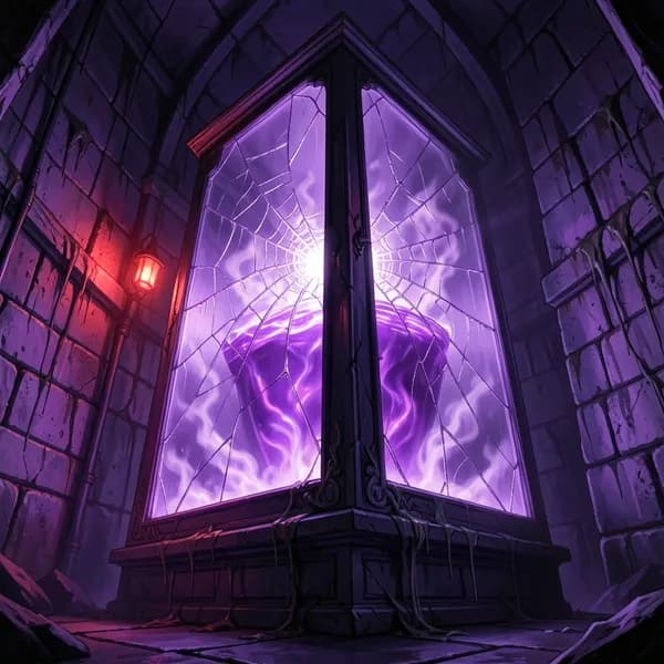A large glass containment unit with spiderweb cracks, leaking violet vapor and glowing with unstable energy.