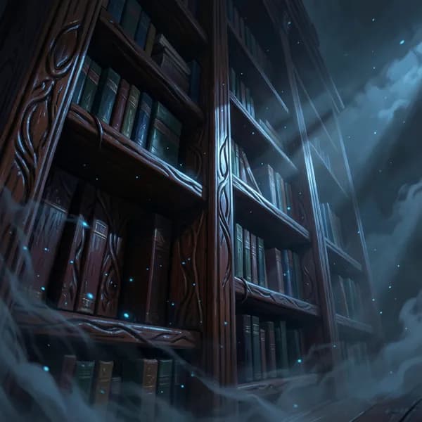 A close-up of a library shelf made of wood that looks like living, pulsing skin, surrounded by glowing blue dust motes.