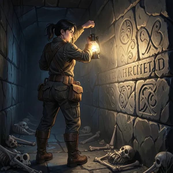 A female scavenger holding a lantern, illuminating ancient carvings on a dark basalt wall in a crumbling underground ruin.