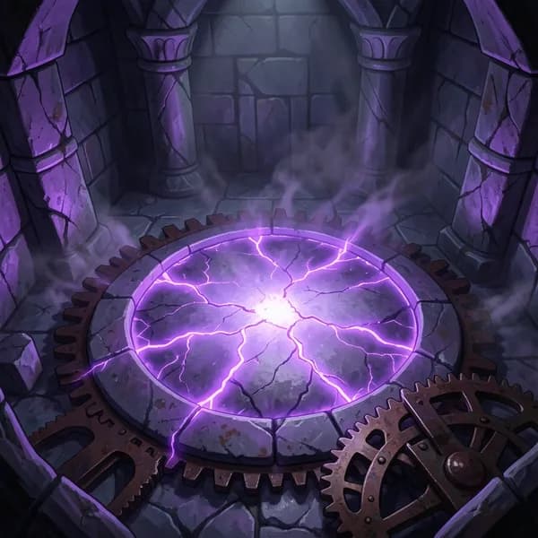 A glowing, violet-light pressure plate in a stone floor, surrounded by heavy, rusted metal gears.