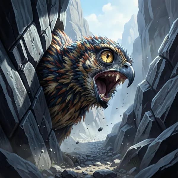 A juvenile avian predator with iridescent feathers tangled in a mountain fissure, looking desperate and lethal.