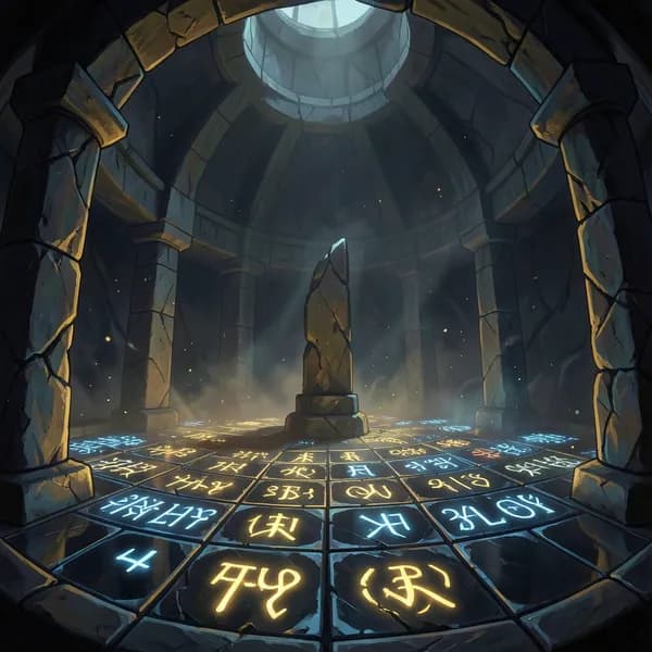 A vast, dark underground temple chamber with glowing ancient runes carved into the obsidian floor.