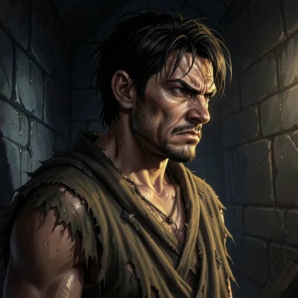A young male scavenger with a defiant expression, looking toward the shadows in a dark stone room.