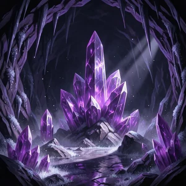 A wide, ominous view of a subterranean chamber filled with glowing, jagged amethyst crystals pulsing with rhythmic light.