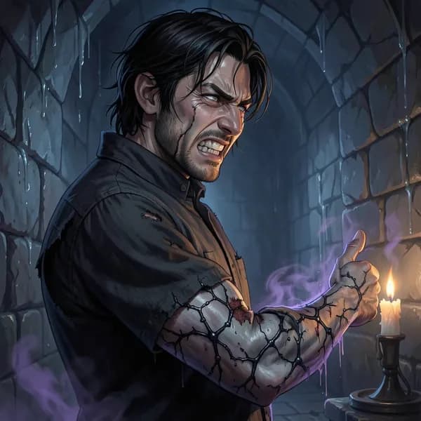 A young man in dark linen clutching his arm as obsidian-hued corruption spreads across his skin.