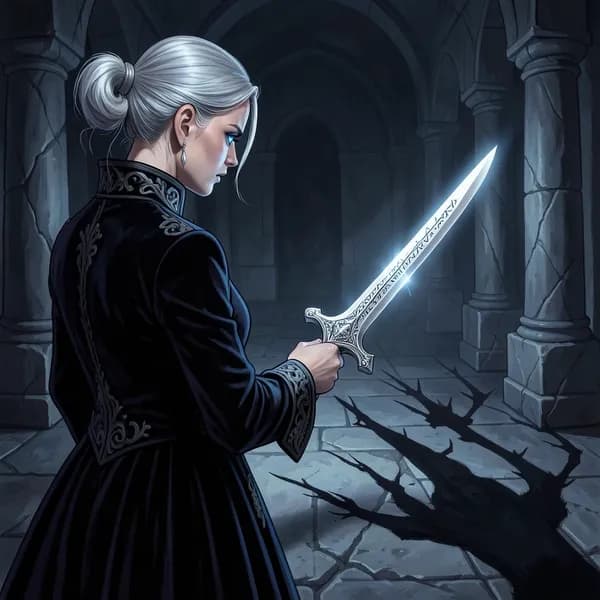 A woman's hand holding a silver, rune-etched dagger in a dark hallway.