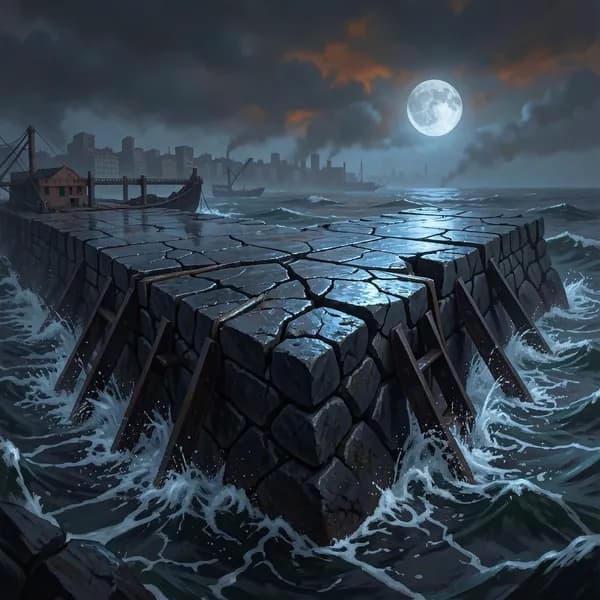 A decaying stone pier made of jagged black basalt with massive, rusting iron tide-gates groaning under the pressure of a dark ocean.
