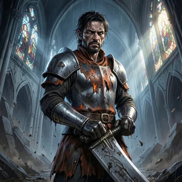 A weary knight in battered plate armor stands in a ruined cathedral nave as rain falls through broken stained glass.