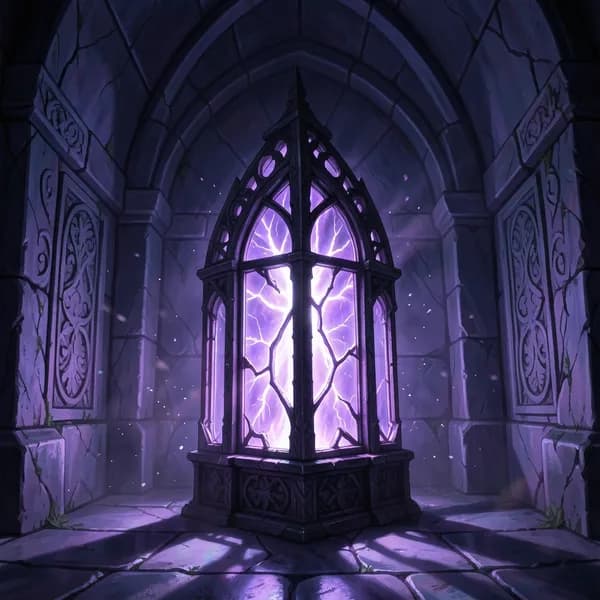 An ancient, ornate reliquary vault glowing with unstable, pulsating magical light in a dark stone chamber.