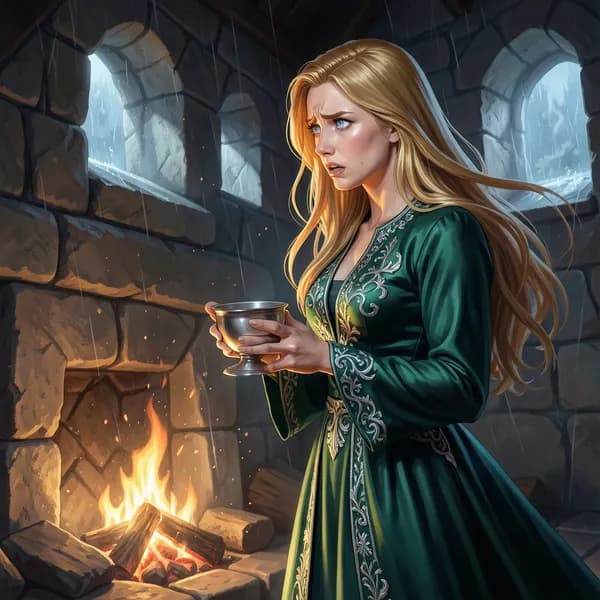 A noblewoman in a silk gown stands by a stone hearth, her hands trembling as she grips a silver goblet.