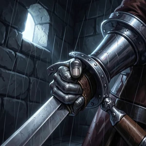 A close-up of a knight's gauntleted hand gripping the leather-wrapped hilt of a heavy broadsword.