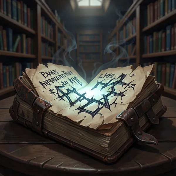 A close-up of an ancient, leather-bound grimoire with iron clasps, its pages glowing with shifting, distorted ink.