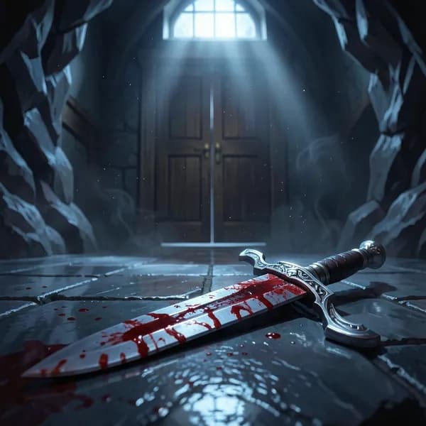 A blood-stained steel dagger lying on cold, dark stone floor tiles with a blurred, cavernous hall in the background.