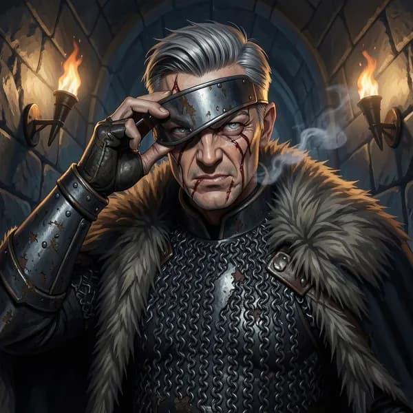 A stern, scarred guard with a cold expression lifting his visor in a dimly lit stone corridor.
