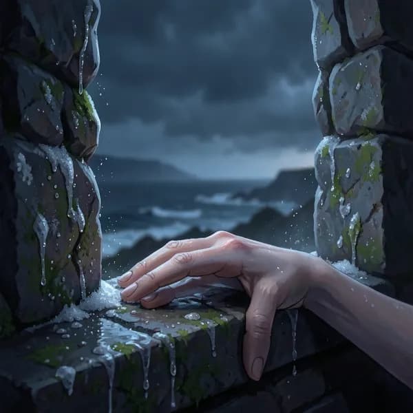 A pale hand rests on a salt-crusted stone windowsill looking out at a stormy, dark ocean.