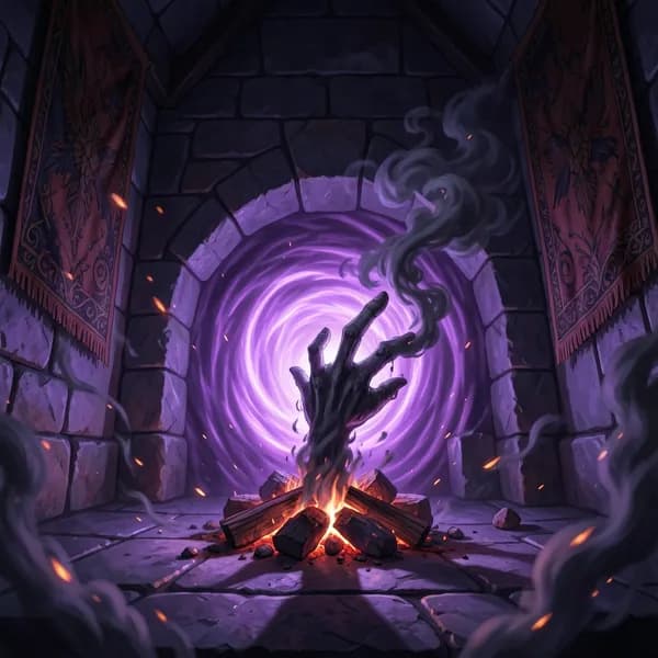 A magical violet vortex in a fireplace with a hand of smoke reaching out.