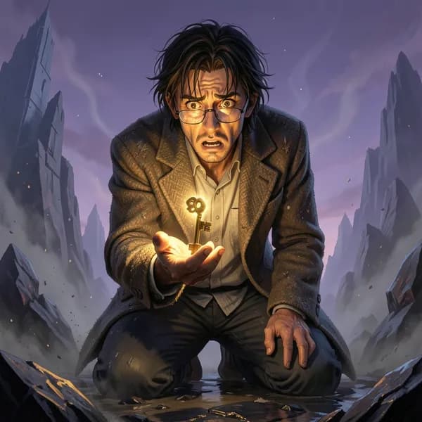 A disheveled man in a tweed coat kneels on dark stone, clutching a glowing brass key in his palm.