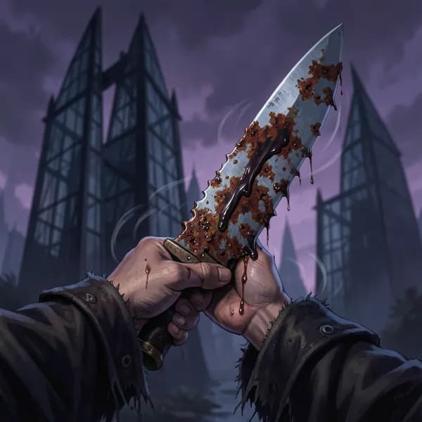 A rusted, serrated blade held by a cloaked figure, with distant black spires in the background.