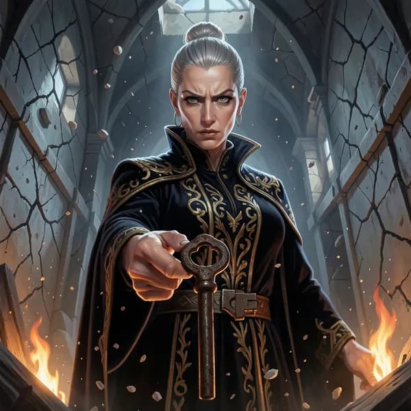 A woman in dark, elaborate robes holding a heavy iron key in a crumbling stone room.