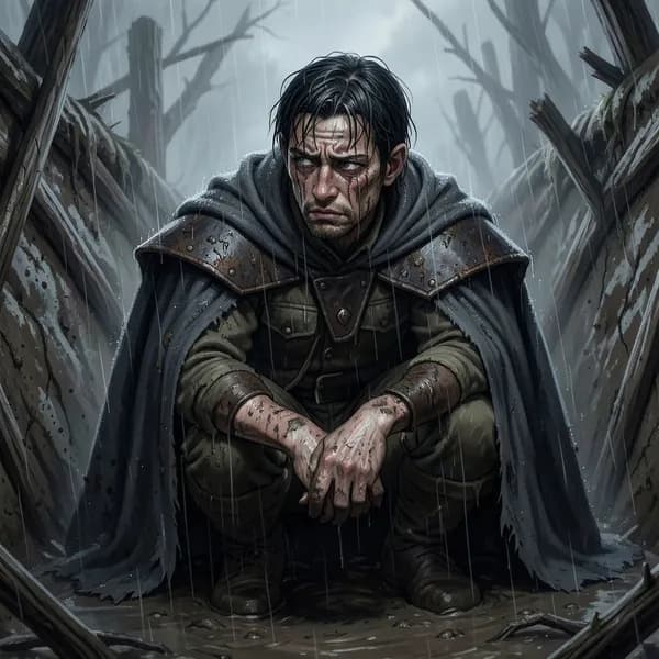 A weary, mud-caked scout crouching in a dark, rain-slicked trench, looking down with exhaustion.