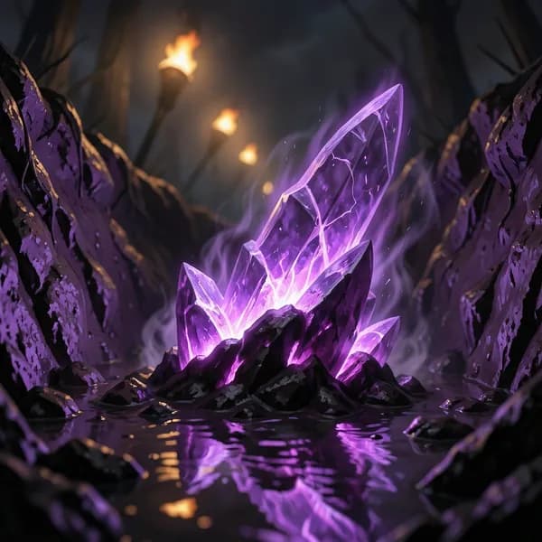A jagged, glowing violet crystal shard half-buried in dark, wet mud, casting an eerie light.