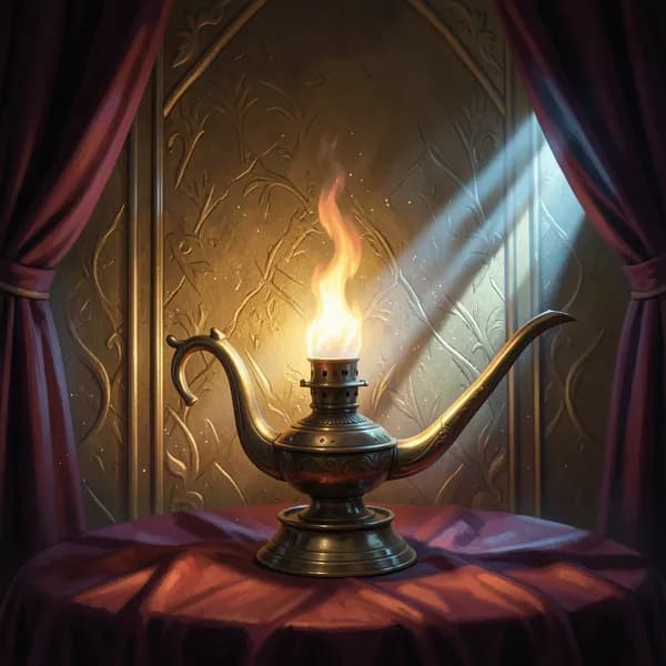 An ornate brass oil lamp flickering on a silk table, casting long, jagged, distorted shadows against a gold-leaf wall at dawn.