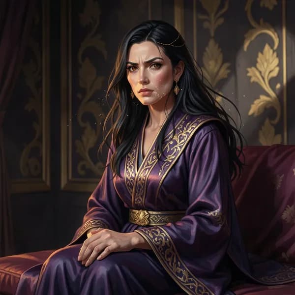 A woman with dark hair and amber eyes sits composed on a silk divan, her expression sharp and calculating.