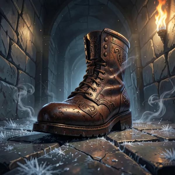 A heavy, iron-clad boot steps onto a cracked stone floor in a dark, cold corridor.