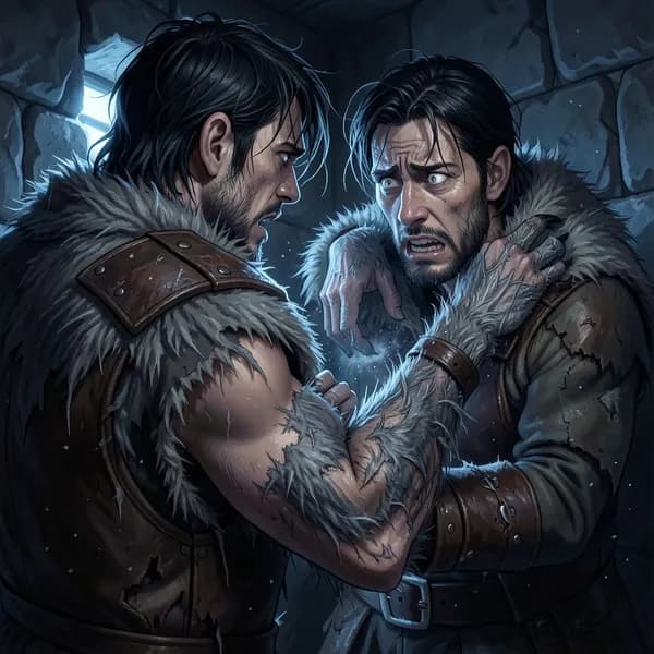 A man's hand is transforming into a clawed, fur-covered beast's limb in a dark room.