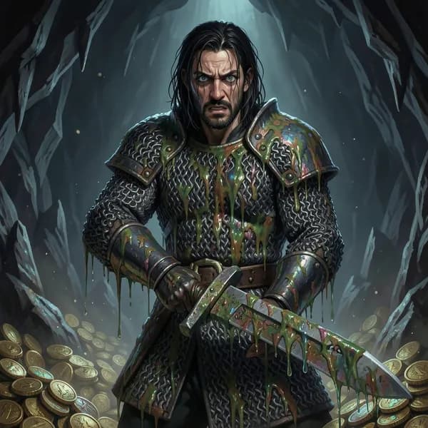 A weary warrior covered in iridescent dragon blood stands in a dark, gold-filled cavern, clutching a dripping sword.