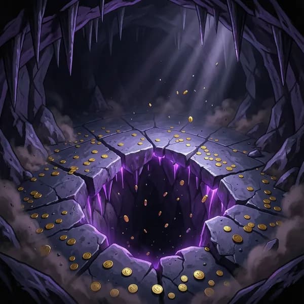 The floor of a cavern cracking open, revealing a deep, glowing abyss as gold coins tumble into the darkness.
