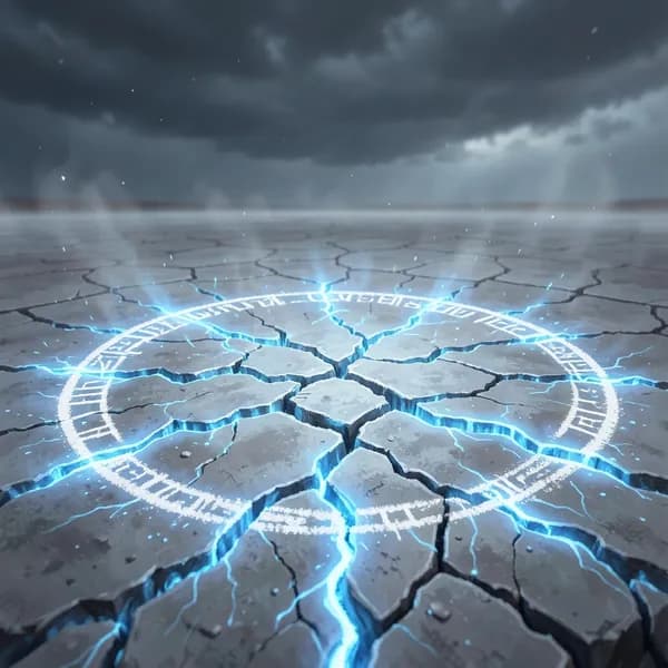 A glowing, fracturing chalk circle etched into the salt-crusted ground of a desolate desert, emitting unstable arcane energy.