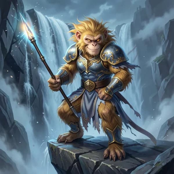 A golden-furred warrior stands atop a jagged waterfall cliff, holding a glowing staff, looking out into the mist.