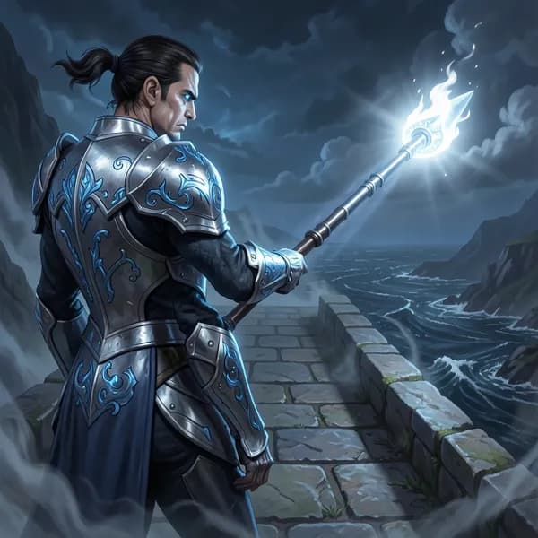 A celestial warrior in polished silver armor stands on a stone bridge, holding a spear with a glowing white seal.
