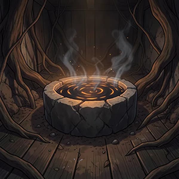 A stone basin in a dark cellar, filled with viscous liquid and pulsing with a faint, rhythmic orange light.