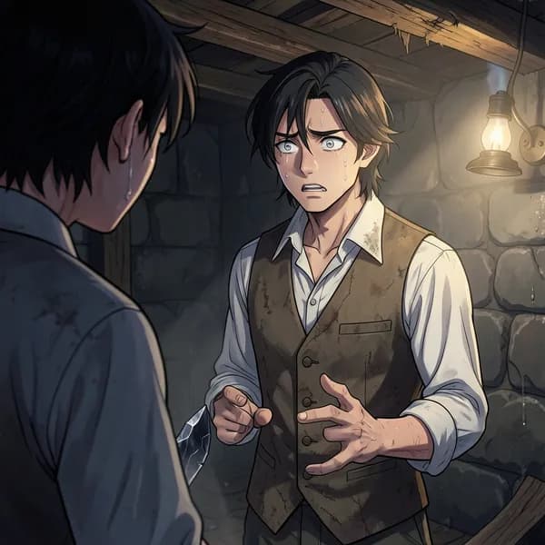 A man in a 1920s waistcoat stands in a dark cellar, looking terrified at a jagged blade.