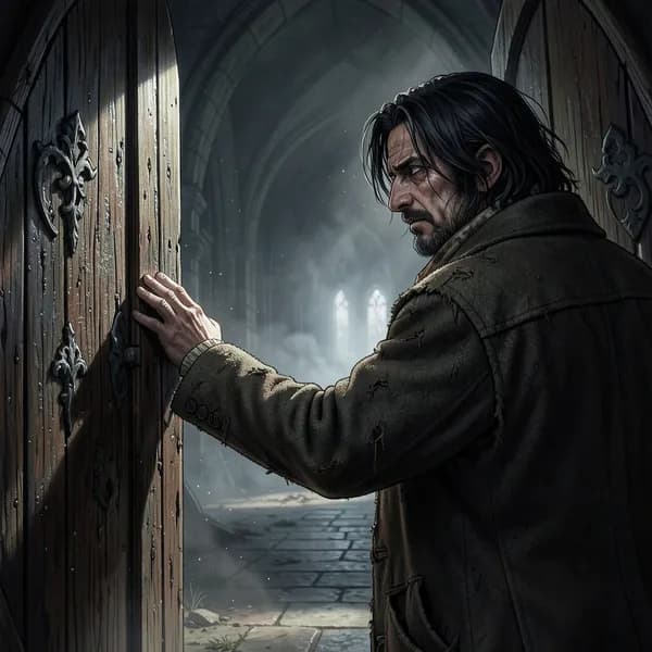 A disheveled man in a Victorian coat pushes open massive, rotting oak doors into a dark, dusty cathedral.