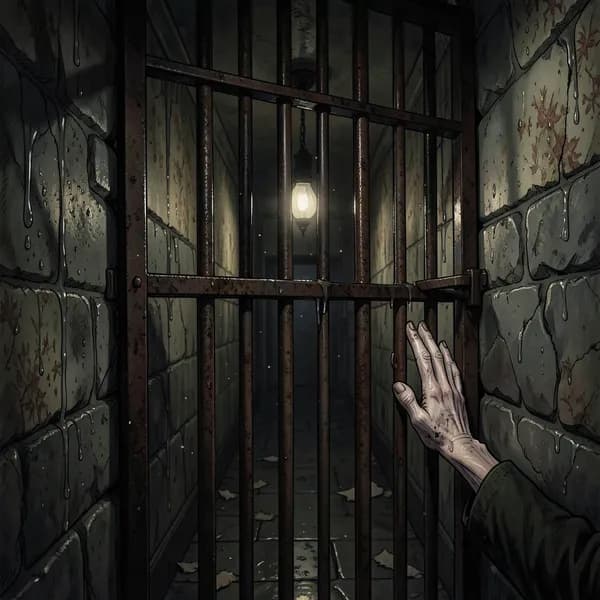 A close-up of a rusted iron cell door in a damp, dark corridor with a pale hand pressing against the bars.
