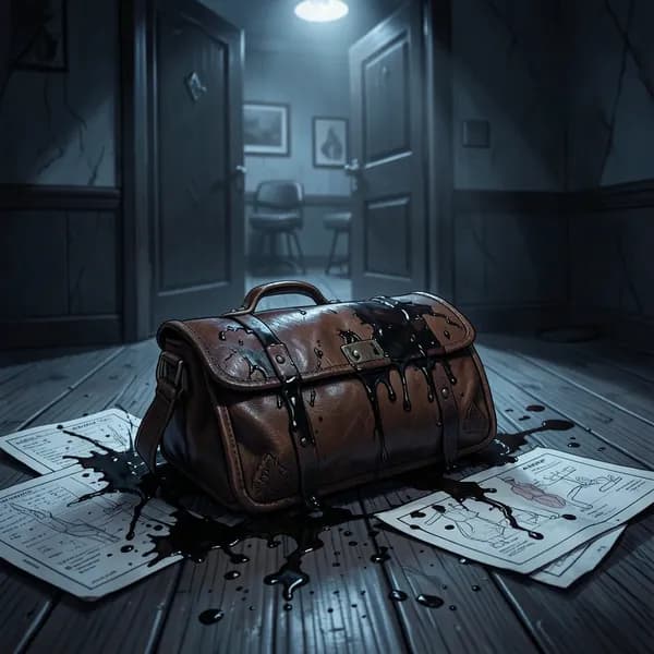 A leather medical satchel on the floor with ink-stained papers smearing into strange patterns.