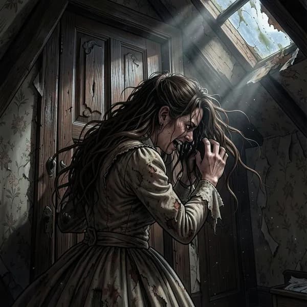 A disheveled woman in a tattered dress claws at a heavy, scarred mahogany door in a dark attic.