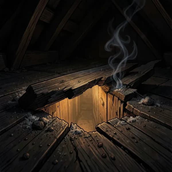 A splintered floorboard is pried open, revealing a dark gap with a warm, ominous glow from below.
