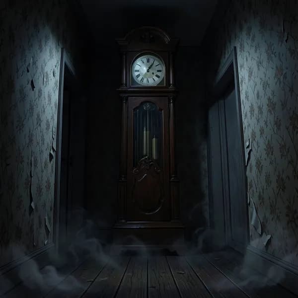 An antique grandfather clock standing in a dark, silent hallway, its pendulum frozen in time.