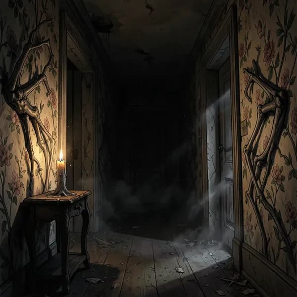 A decaying foyer with peeling floral wallpaper and a single flickering candle on a warped table.