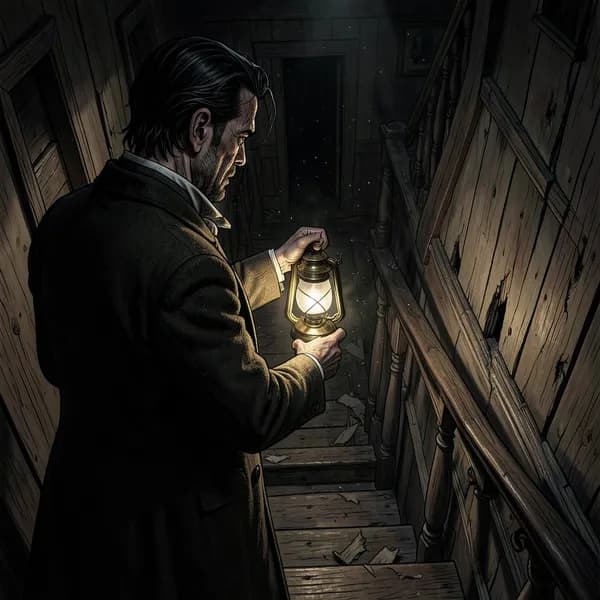 A desperate man in a disheveled Victorian suit stands at the top of a dark, rotting staircase.