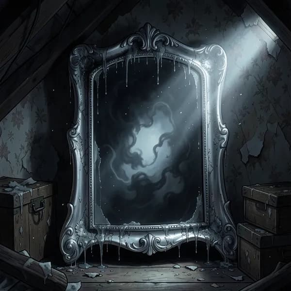 A close-up of a tarnished, weeping silver mirror frame in a dusty attic, its surface swirling with dark, mercurial fog.