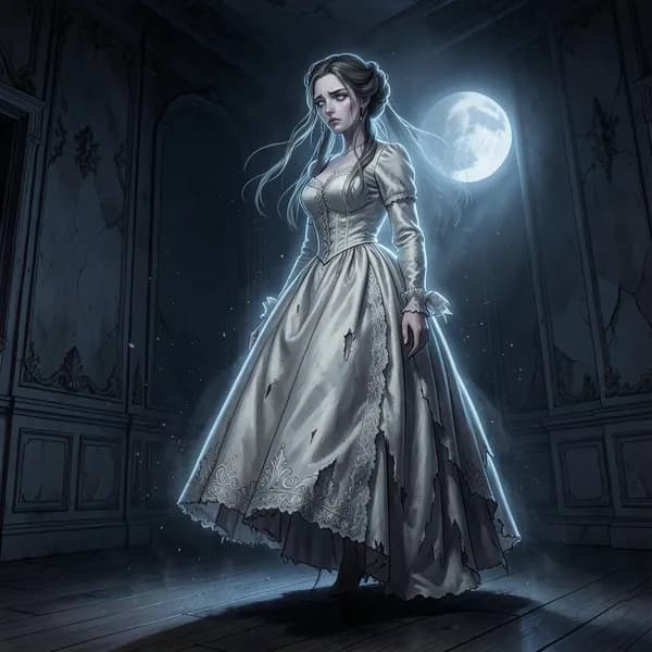 A ghostly woman in an antique wedding gown floating in a decaying ballroom.