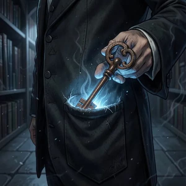 A close-up of a hand holding a cold, ornate iron key inside a dark, Victorian-style waistcoat pocket.
