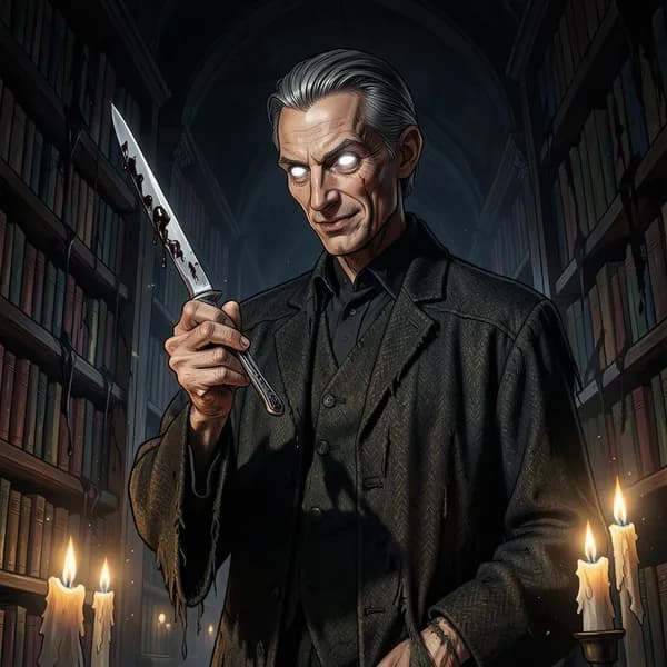 An elderly, gaunt professor with hollow eyes holding a silver scalpel in a dimly lit library.