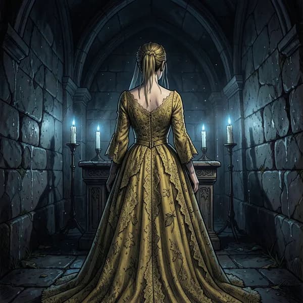 A woman in a decaying, yellowing lace wedding dress stands rigid at a stone altar, her back to the viewer.