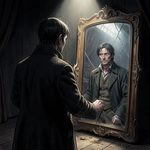 A man in a dark coat standing before a dusty mirror on a stage, looking at his reflection.